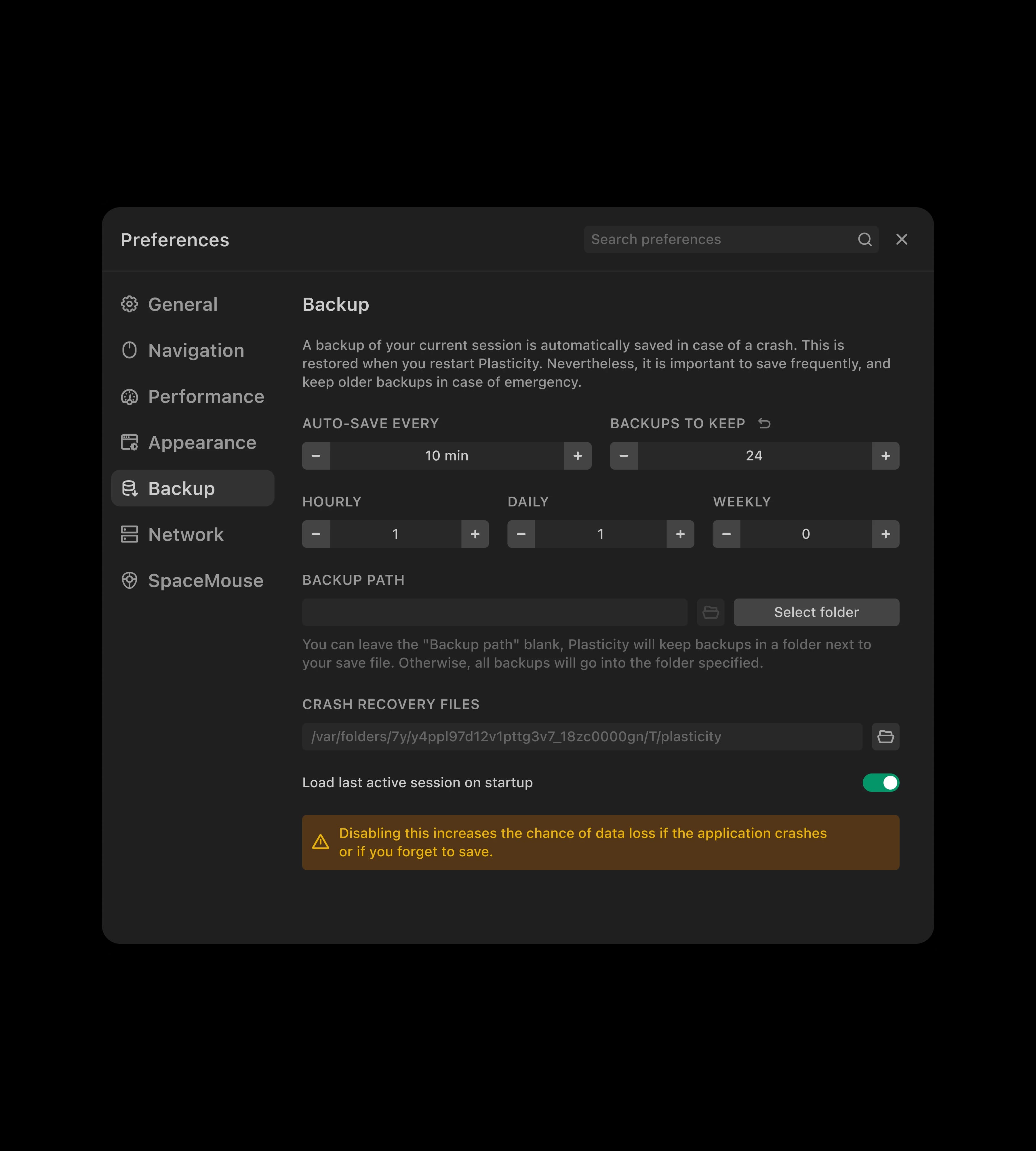 Plasticity backup preferences